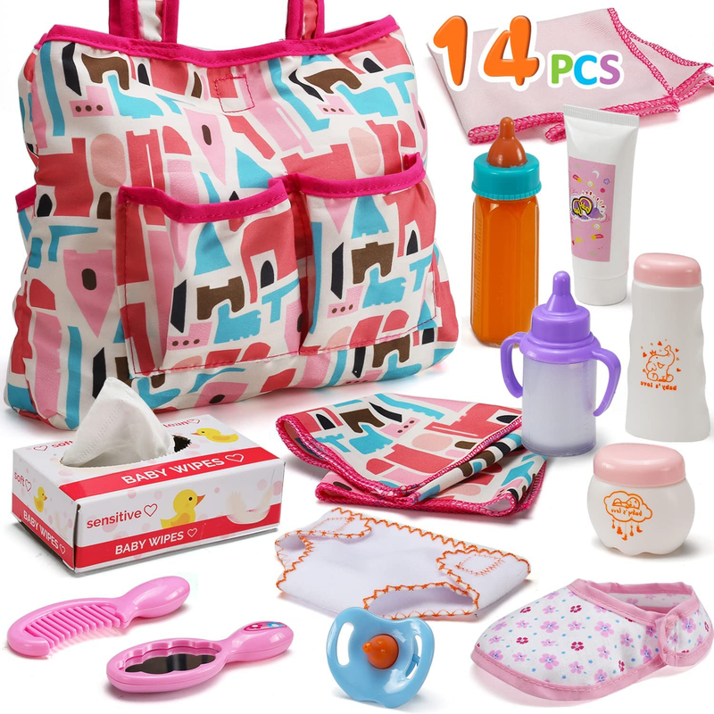 14 Pack Baby Doll Accessories Feeding and Caring Set Diaper Bag Bottle Kids Toys
