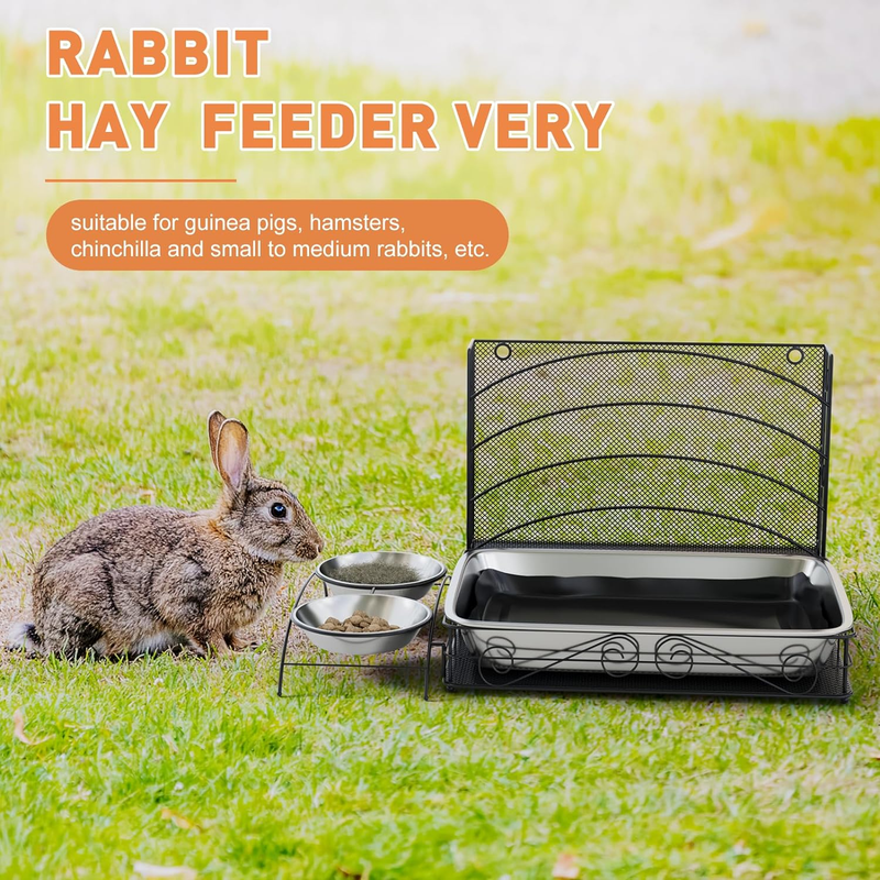 Rabbit Hay Feeder with Litter Box Bowls, 3 in 1 Bunny Hay Holder Rack, Metal Fee
