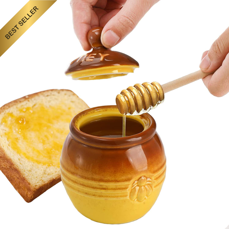 Porcelain Honey Jar, Ceramic Pot with Wood Dipper and Lid, 8.8 Oz Yellow Bee Emb