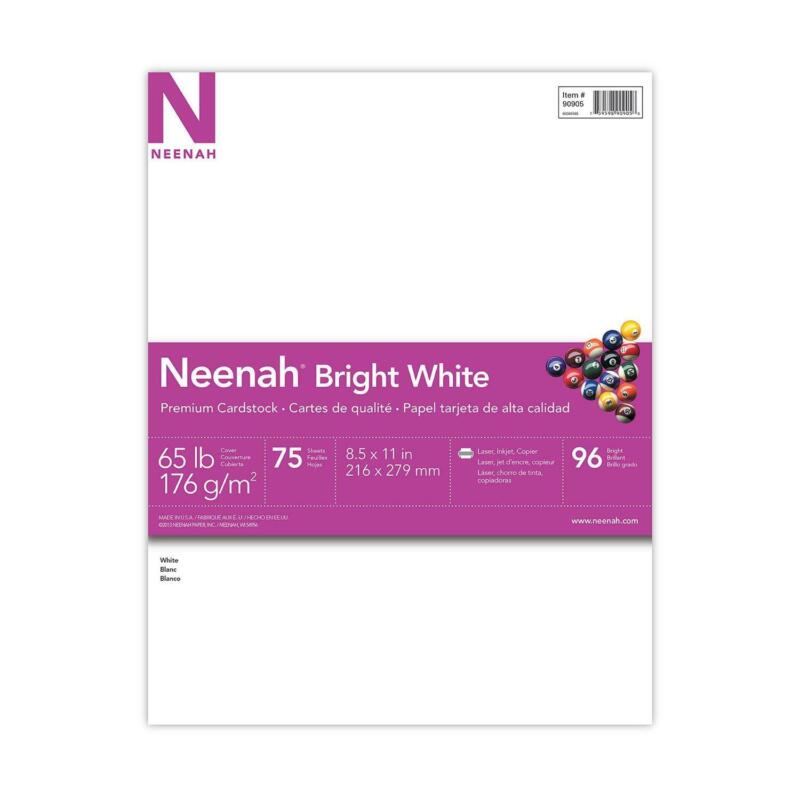 Neenah Bright White Cardstock, 8.5"x11", 65lb/176 gsm, Bright White, 75 Sheets