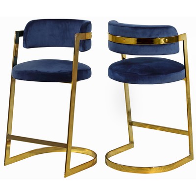 Pre-owned Meridian Stephanie Navy Velvet Stool, Set Of 2 Gold Contemporary Navy Velvet