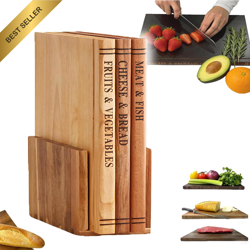 Book Cutting Board Set of 3 with Stand-Chopping Board Library, Solid Wood Book-S