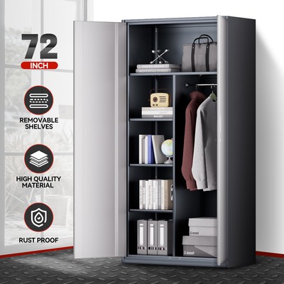 72 Серо-белых запирающихся металлических шкафа-купе для хранения вещей с подвесной штангой и 4 полками