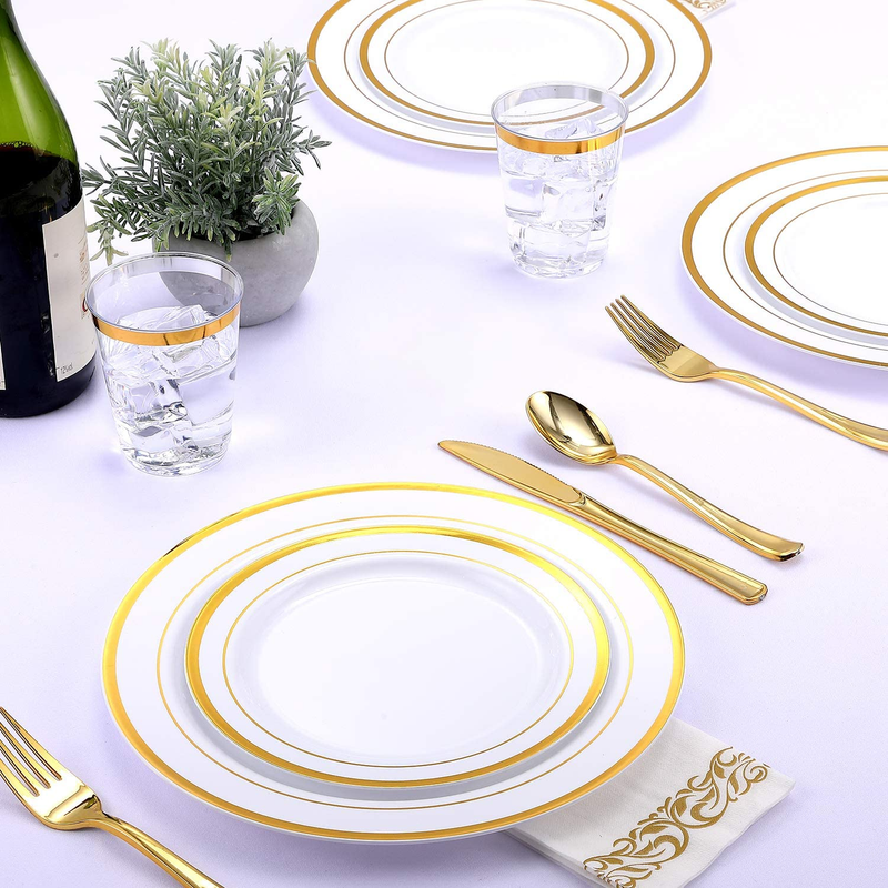FOCUSLINE 175Pcs Gold Dinnerware Set for 25 Guests, Gold Rim Plastic Plates