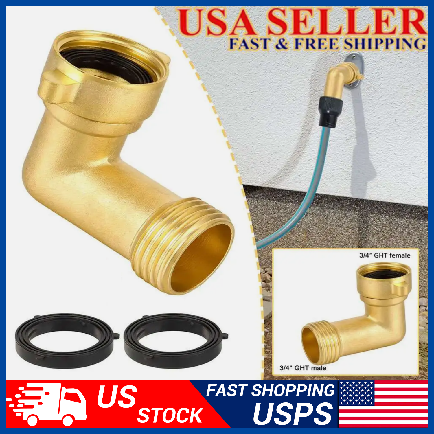 1 Pack Garden Hose Elbow Connector 90 Degree Brass Hose Elbow 3/4inch Heavy Duty