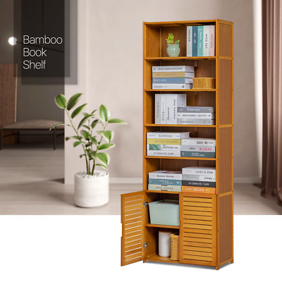 24''Bamboo 5+2 Tiers [SHELVES+SHUTTER DOOR CABINET] Bookcase Utility Storage Rack
