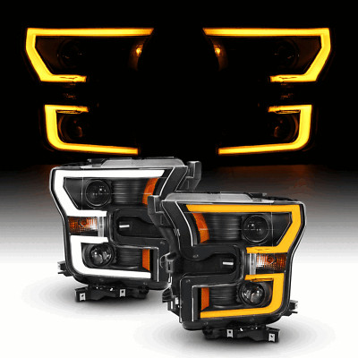 [Switchback LED Bar] 2015-17 Black Projector Headlights Pair For Ford F150 F-150