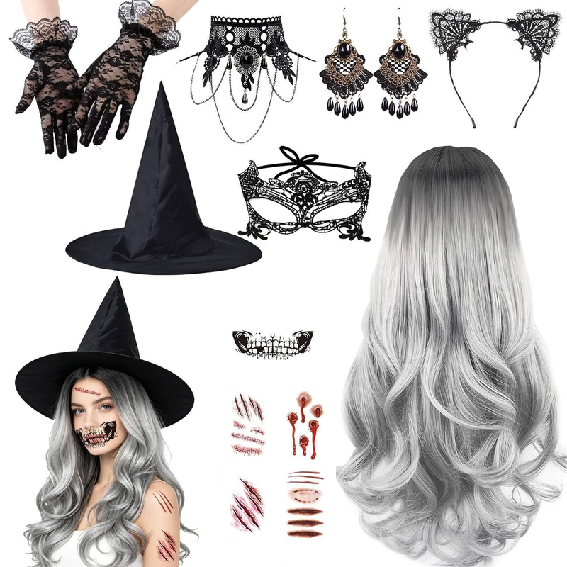 15 Stück Perücke Halloween Damen Set, Grau Gewellte Hexen Perücke