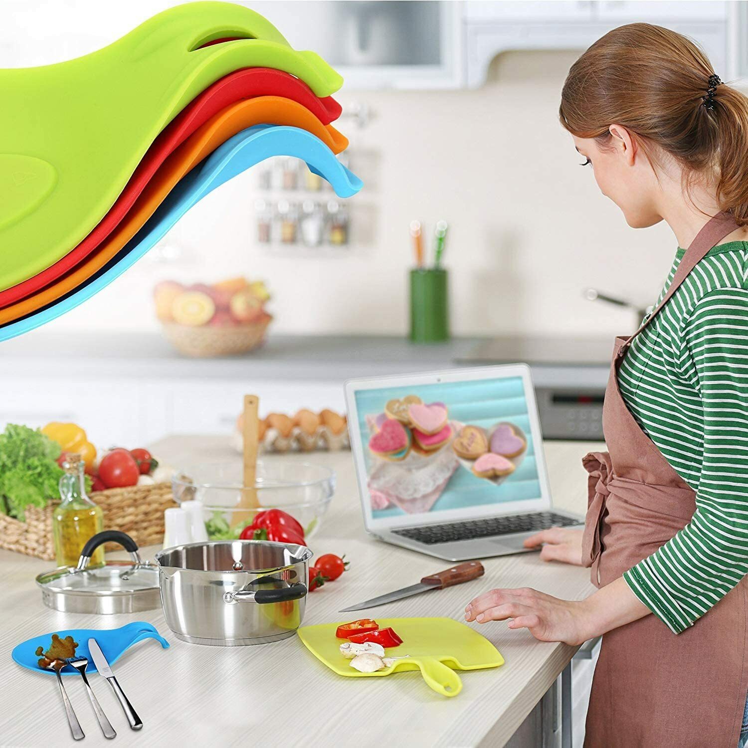 6 Pcs Kitchen Silicone Spoon Rest Heat Resistant Utensil Rest Ladle Spoon Holder