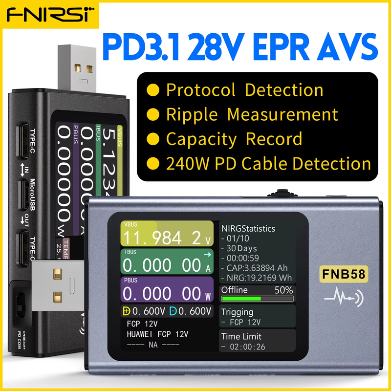 FNB58 USB тестер напряжения и тока, измерение емкости, Type-C триггер быс