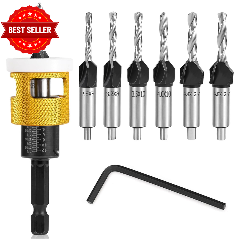 8PCS Countersink Drill Bit Set with Low Friction Depth Stop, Replaceable HSS Pil