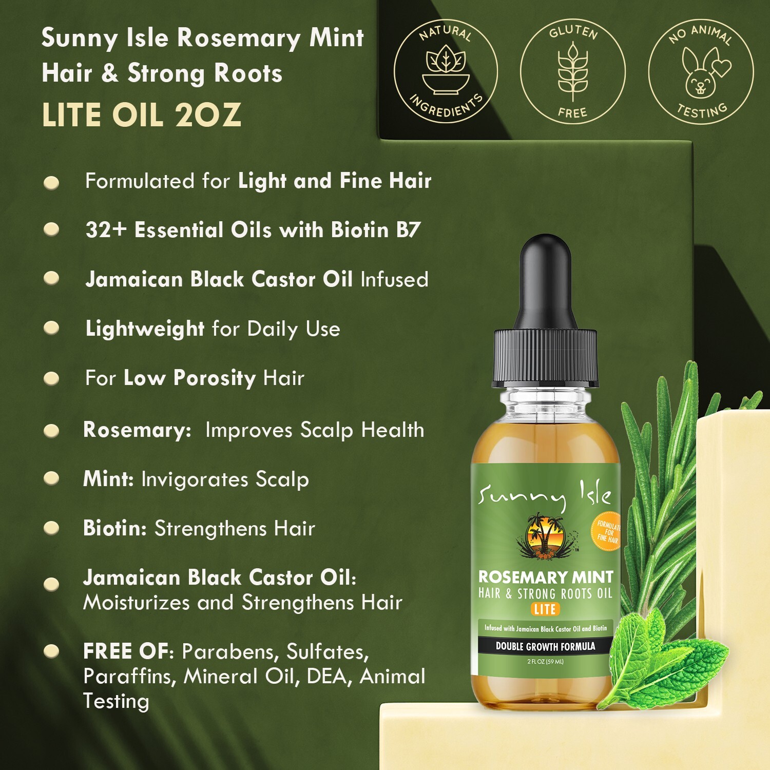 Sunny Isle Rosemary Mint Hair and Strong Roots LITE Oil 2oz