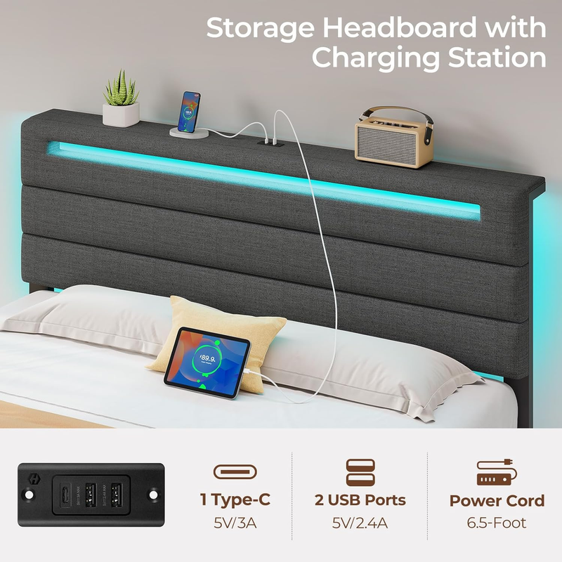 Twin Size Bed Frame, Storage Headboard with Charging Station and LED Lights, Uph