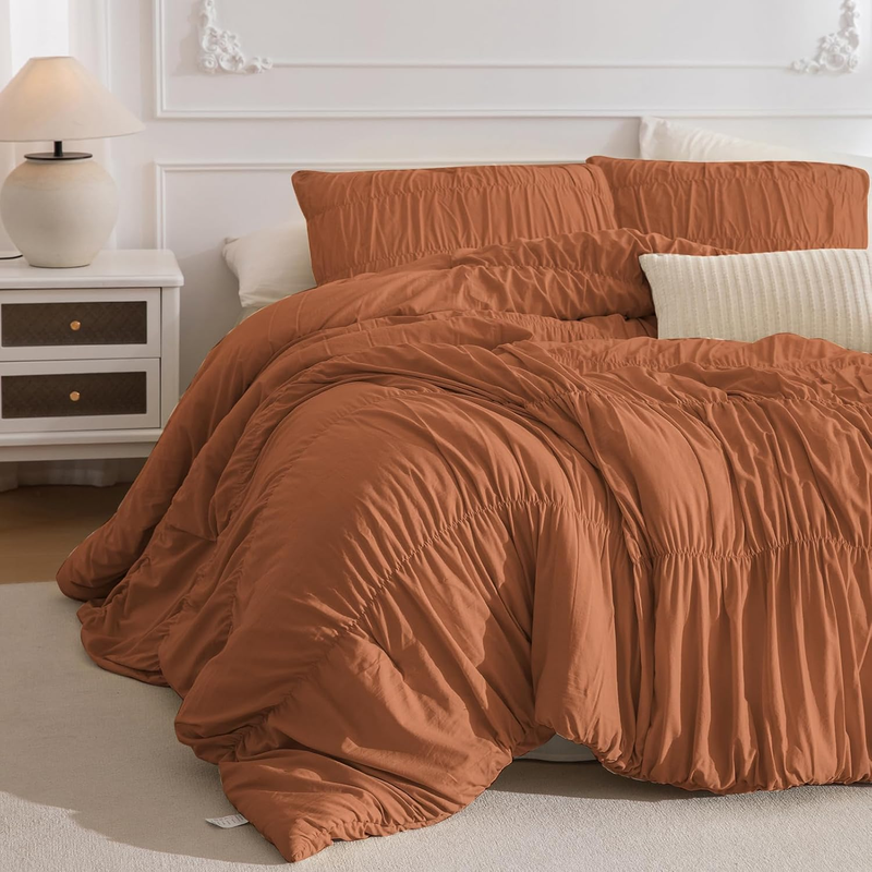 Oversized King Comforter Set, Ruched Pumpkin Rustic Boho Chic 3PCS