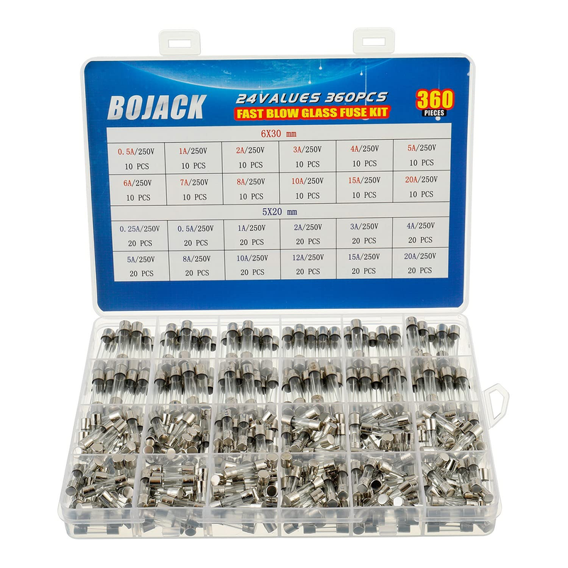 24 Values 360 pcs Fast-Blow Glass Fuses Assortment Kit 5x20mm 250V 0.25 0.5 1 2