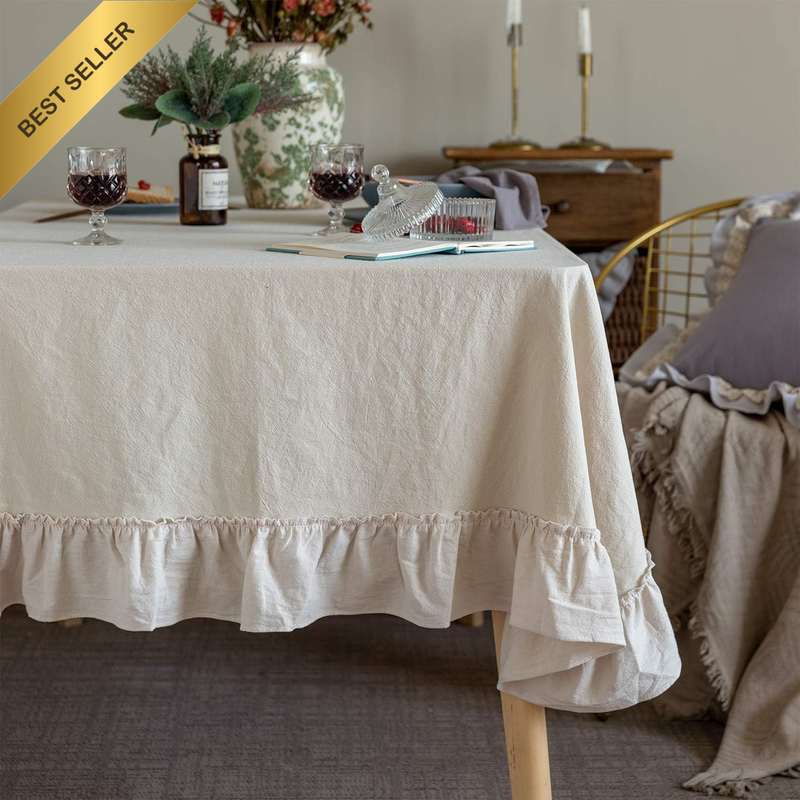 Retro Farmhouse Ruffle Tablecloth Cotton Flounces Trim Washable Table Cover Tabl