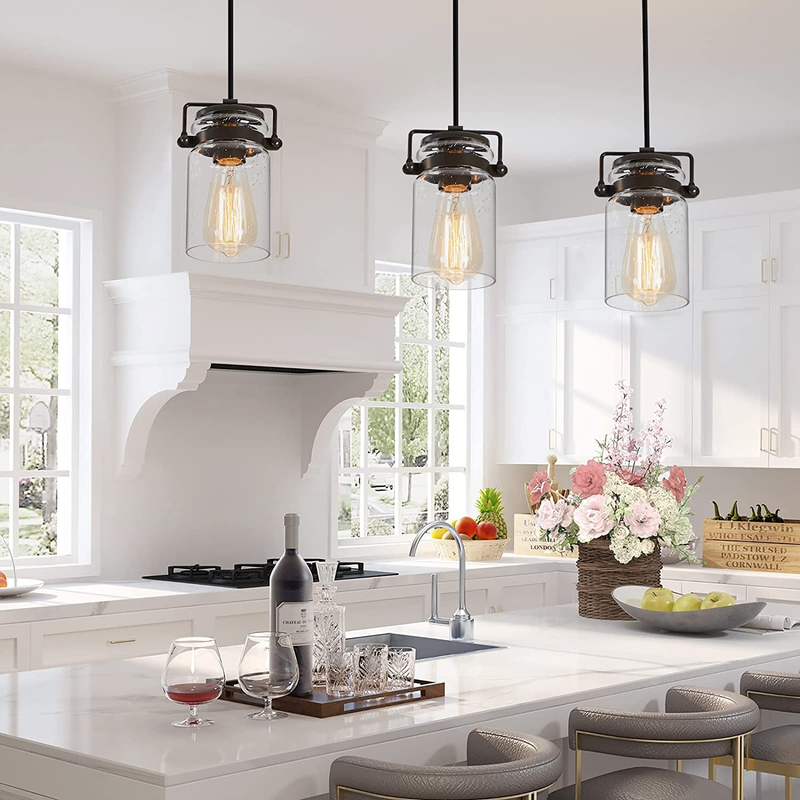 Farmhouse Industrial Glass Pendant Ceiling Light Fixture for Kitchen Island