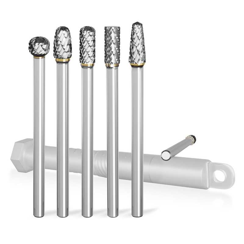 Carbide Burr Set for Die Grinder Bits, 5PCS Titanium Gold with 1/4" Shank, 4.3"