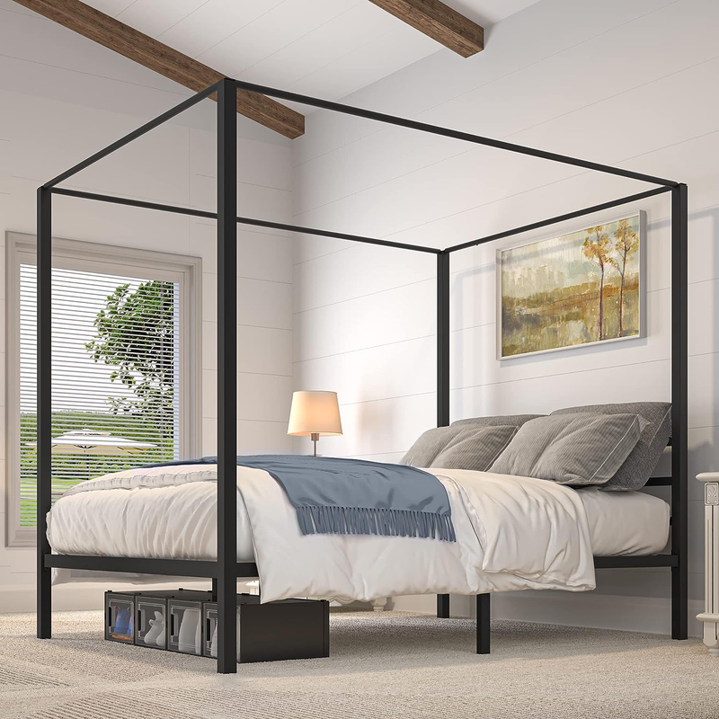 Black Metal 4 Poster Canopy Bed Frame with Headboard, Mattress Foundation with W