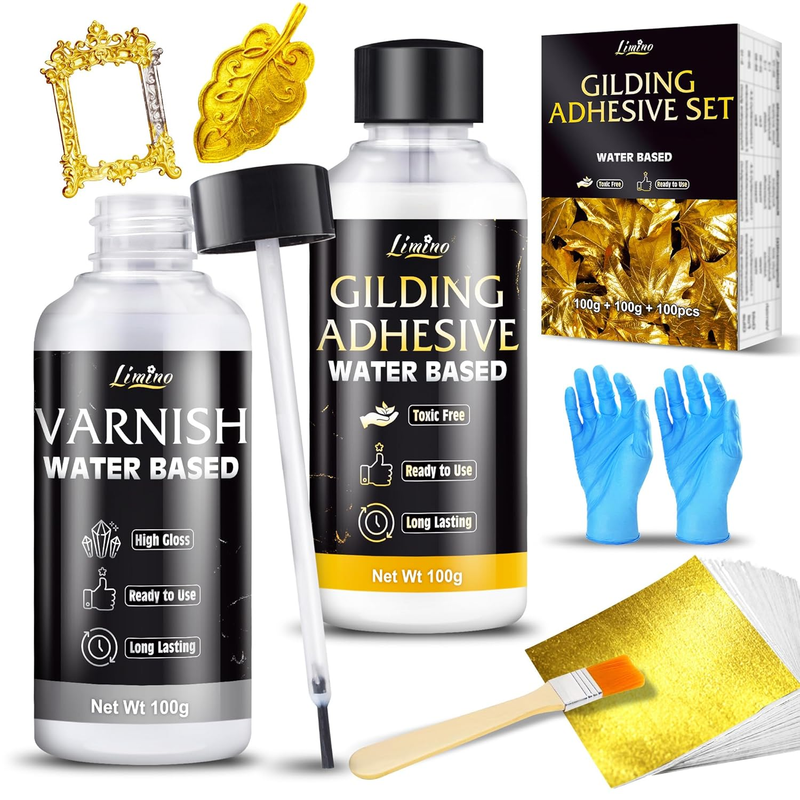 Gold Leaf Gilding Adhesive Kit - 3.5oz Water Based Glue and 3.5oz Varnish with B