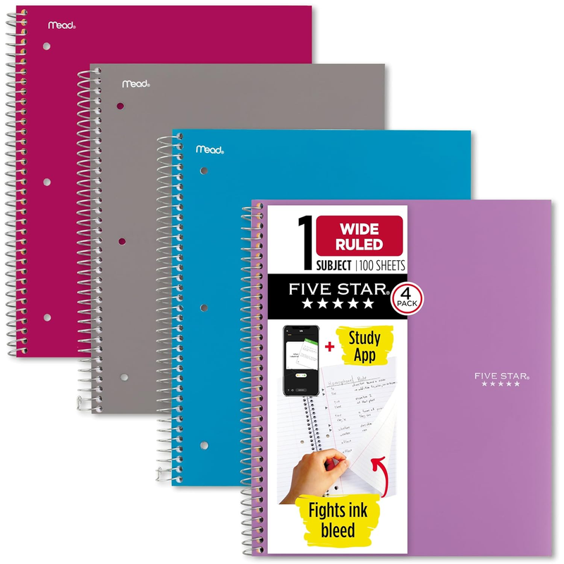 Five Star Spiral Notebook + Study App, 4 Pack, 1 Subject, Wide Ruled Paper, 8" X