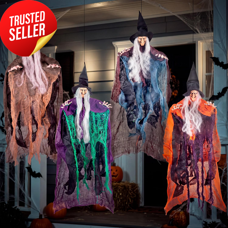 Multi Color Halloween Hanging Witch Prop 20in 4 Pack Outdoor Lawn Decor