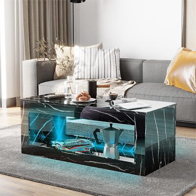 47.3IN Modern High Gloss LED Coffee Table, with APP Control,with Marbling Print