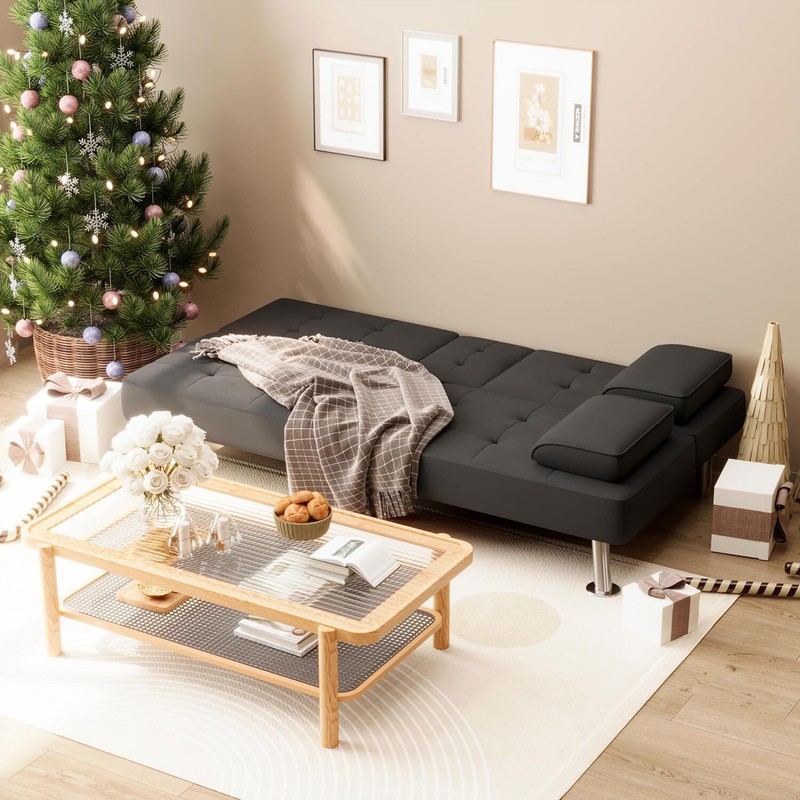 Linen Upholstered Modern Convertible Folding Futon Sofa Bed w/Removable Armrests