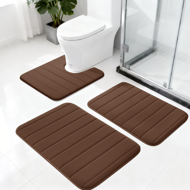 Memory Foam Bath Mat 3 Piece Set, Non-Slip Quick-Dry Bathroom Rugs with U-Shaped