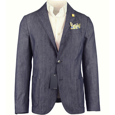 Pre-owned Lardini $1150  Denim Blue Cotton Solid Sportcoat - (32902bv1)