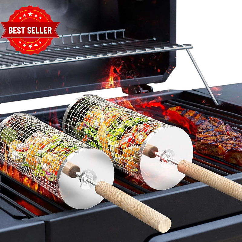 Rolling Grill Basket(2Pcs), Removable Wooden Handle, 304 Stainless Steel, Nestin