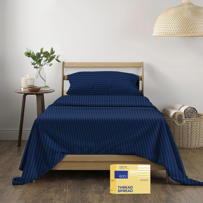 Luxury Egyptian Cotton Twin Stripe Sheet Set - 600 Thread Count Extra Long Staple 3 PC Set, Twin Damask Sheets, Soft, Cooling Sateen Weave Striped Sheets Upto 18