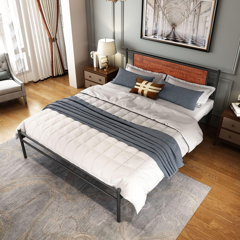 Queen Bed Frame with Wooden Headboard Metal Platform Bed Frames with Storage NO