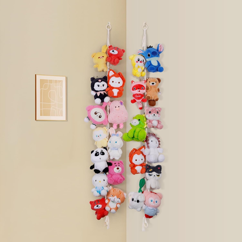 Macrame Stuffed Animal Storage Chain with 20 Metal Clips, Boho Hanging Organizer