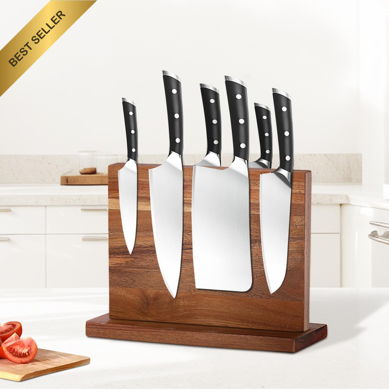 Magnetic Knife Holder Double Sided Acacia Wood Block Stand Storage Kitchen Count