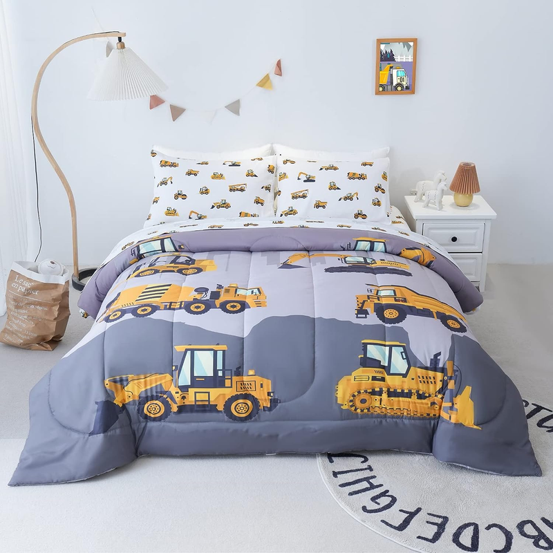 Twin Size Comforter Set for Boys, 4-Piece Bed in a Bag, 3D Construction Bedding Comforter Sheet Set, Ultra Soft and Fluffy, Cartoon Truck Cars