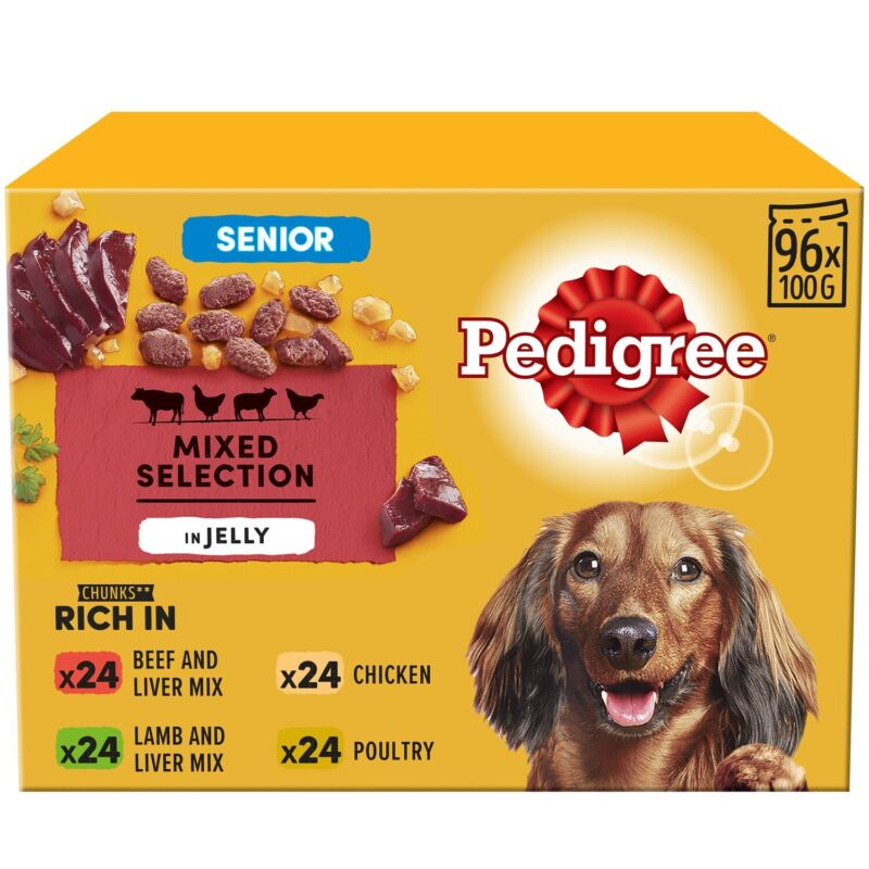 96 X 100g Pedigree Senior Wet Dog Food Pouches Mixed Selection In Jelly