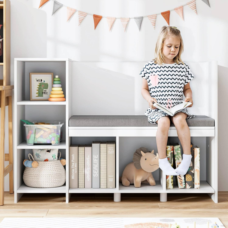 HOUSUIT 43.3" Kids Reading Nook Bench, Nursery Bookshelf and Bookcase with Seat