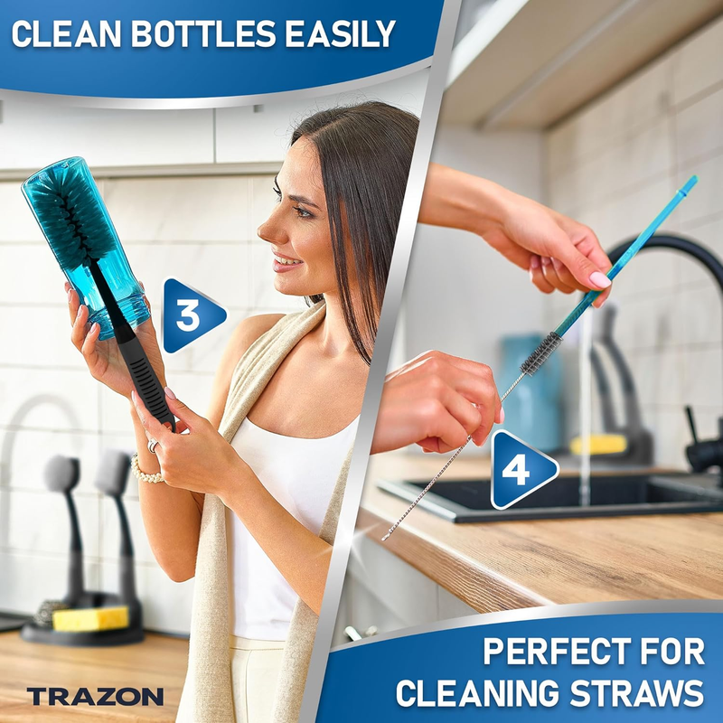 Dish Brush Set of 3 with Bottle Water Brush, Scrub Brush and Scrubber Brush - Ki