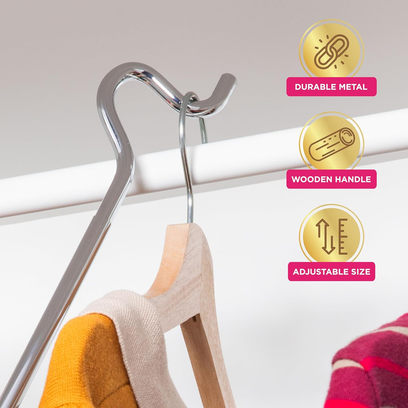 Closet Reacher Pole with Hook and Wooden Handle, Heavy Duty