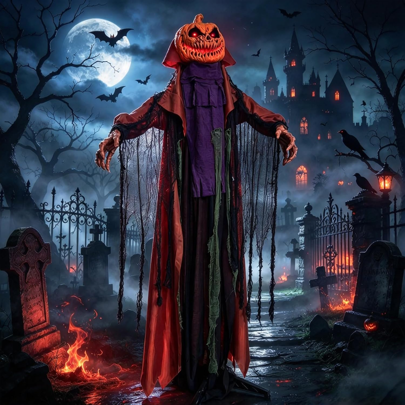 6 FT Halloween Animated Pumpkin Head Scarecrow Standing Prop