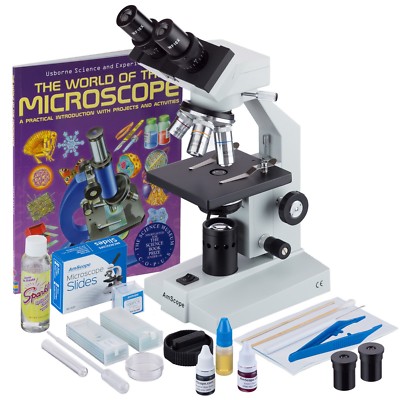 AmScope 40X-2500X Binocular Compound LED Microscope +Slides, Book, and Prep Kit