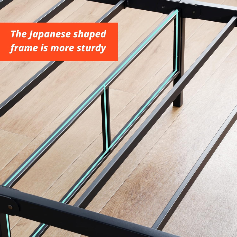 14 Inch Metal Platform Bed Frame, Steel Slat Anti-Slip with Center Support, Stee