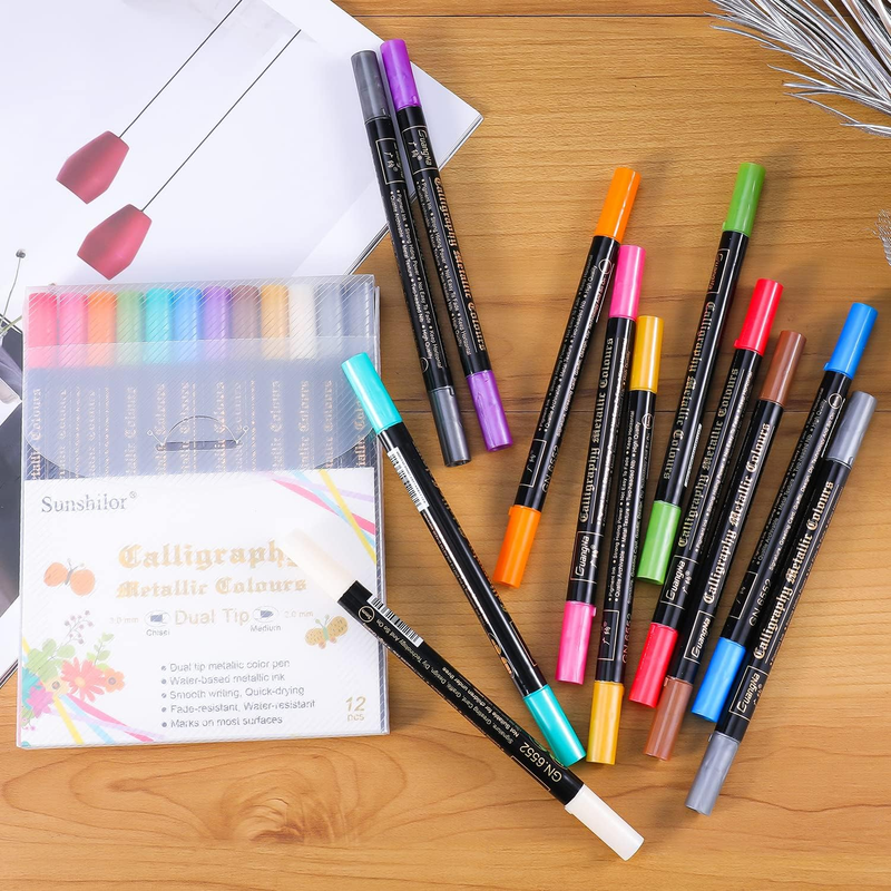 Calligraphy Metallic Marker Pens Dual Tip Chisel Medium Point Pens Black Paper