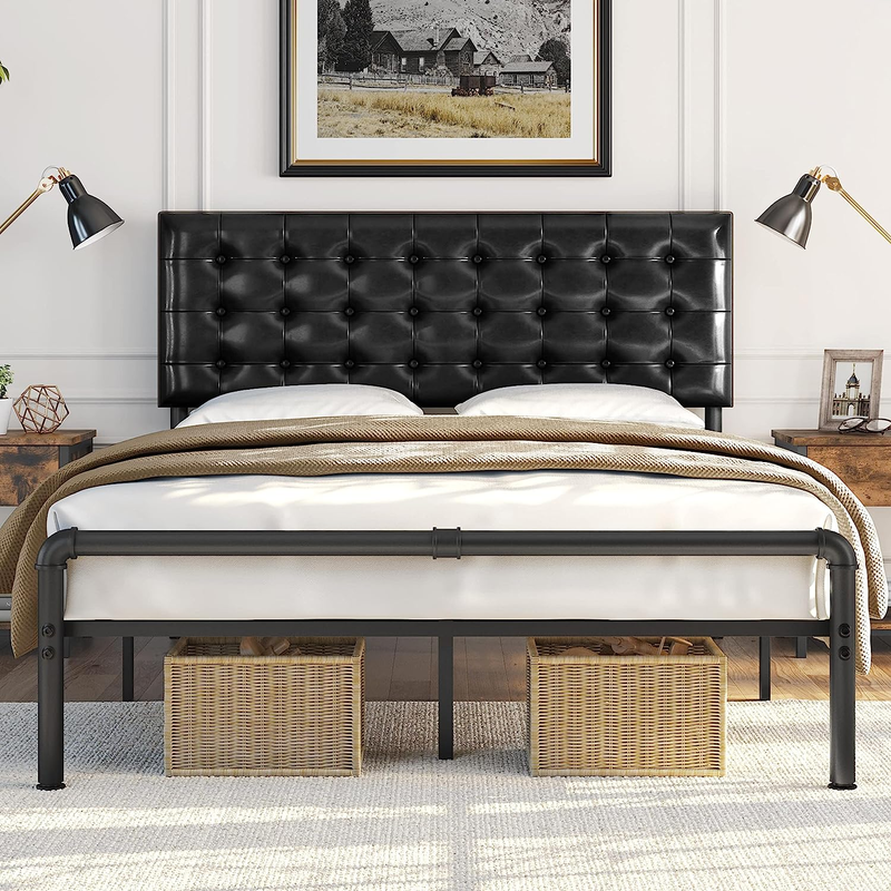 Queen Size Bed Frame, Metal Platform Bed with Faux Leather Height-Adjustable Hea