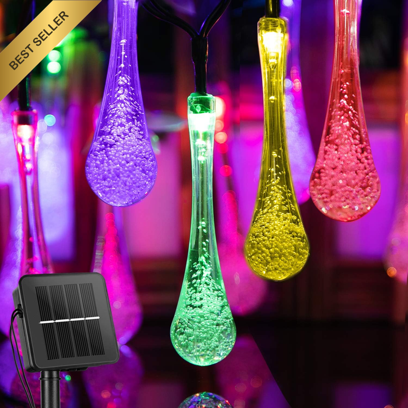 32.8FT 40 LED Solar Water Drop String Lights with 8 Modes, Solar Powered String