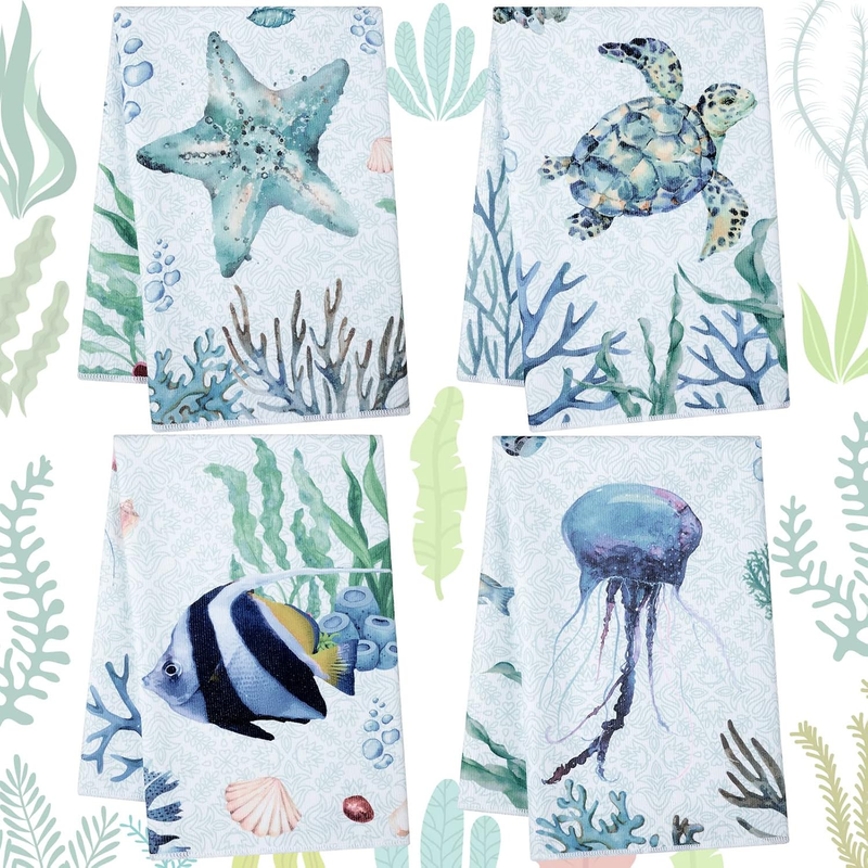 Oudain 4 Pcs Coastal Hand Towels Ocean Animal Nautical, Beach