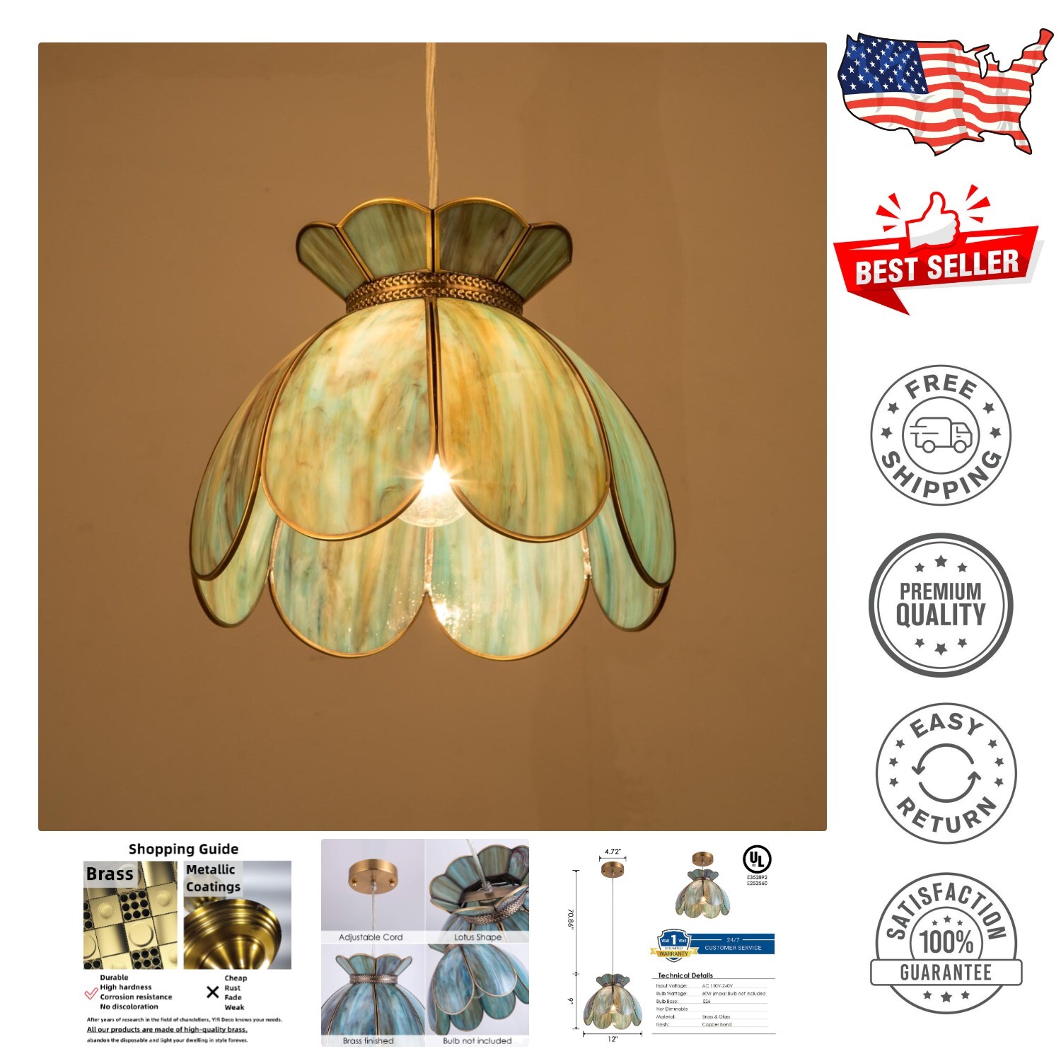 Handcrafted Tiffany Lotus Pendant Light - Adjustable Height