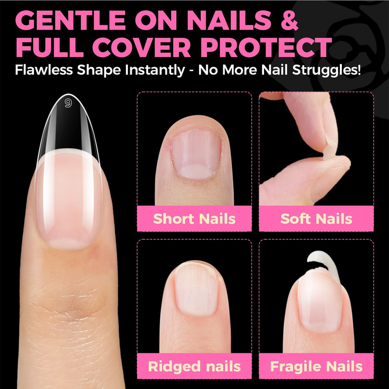 Almond Gel Nail Tips, 504PCS Pre Etched Clear Fake Nails Tips Medium Almond Shap