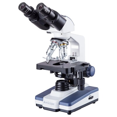 AmScope 40X-1600X LED Binocular Compound Microscope 3D 2-Layer Mechanical Stage